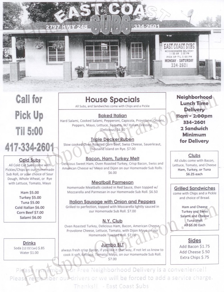 East Coast Subs - Branson, Missouri - Menu